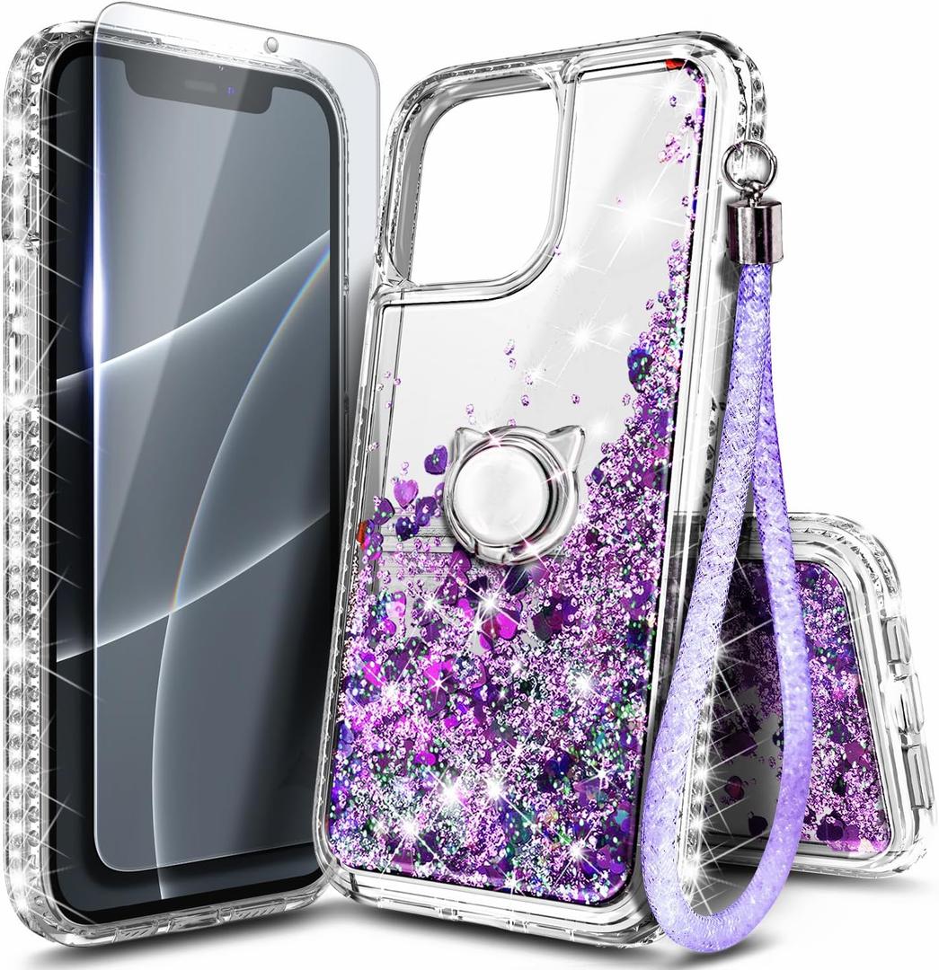 NGB Designed for iPhone 11 Pro-Max Case, Purple | Glitter Liquid Sparkle Cute Cover for Women Girls Kids | with Tempered Glass Screen Protector & Ring Holder & Wrist Strap