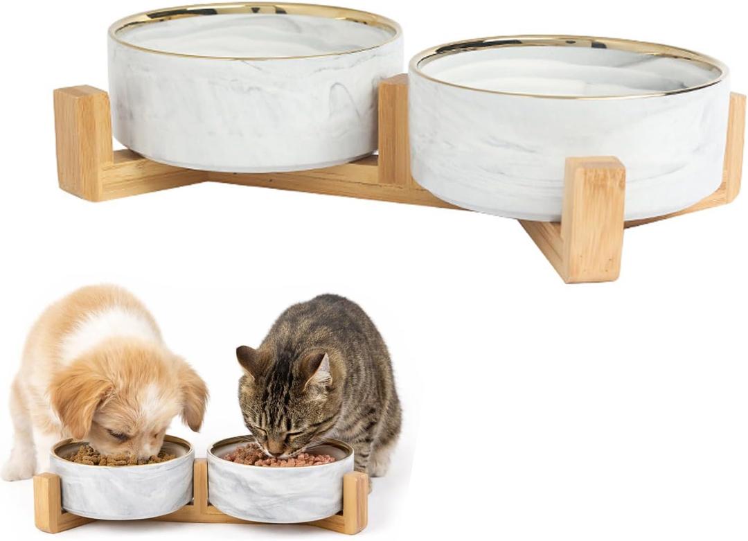 Ceramic Dog and Cat Bowl with Stand, Modern Stone-Effect Ceramic Dog Bowls with Bamboo Stand Non-Slip for Small Medium Dogs, Modern Marble Design, Dishwasher/Microwave Safe (Gray)