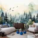 Green Forest Woodland Wallpaper Mural Large Art Wall Decorative Mural for Bedroom Living Room (Not Self-Adhesive) (106" x 75")