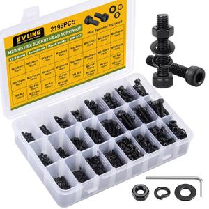2196Pcs M2 M3 M4 M5 Screws Assortment Kit,Hex Socket Head Cap Screws Bolts Nuts Washer Set,12.9 Grade Alloy Steel,Black Oxide for 3D Printer,DIY Project