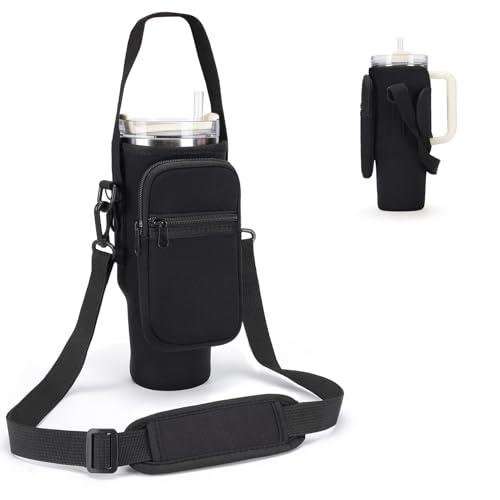 GOEWY Water Bottle Carrier Bag for Stanley 40 oz Tumbler with Phone Pocket Neoprene Water Bottle Holder with Shoulder & Handheld Strap Stanley Cup Accessories (Black)