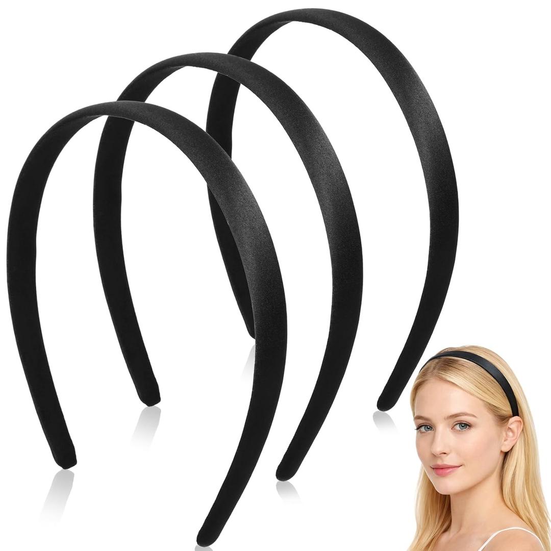 TIESOME 3Pcs Satin Black Headbands for Women, 0.6 Inch Wide Hair Band Fashion Solid Hairband Non-Slip Elastic Hoops for Women Girls Holiday Cosplay Costumes Valentine's Day Gifts DIY Crafts(1.5 CM)