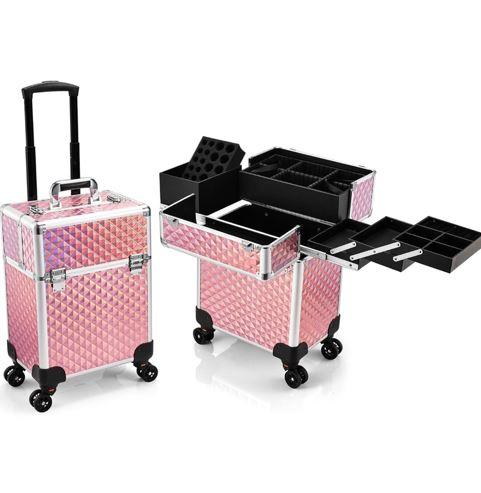 Rolling Makeup Case Extra Large Makeup Train Case 4 Tray with Sliding Rail Removable Layer Cosmetology Case on Wheels for Makeup Artists Nail Art Salon Barber Trunk Traveling Storage Pink