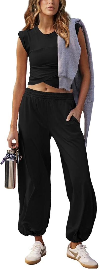 Outfeel Women 2 Piece Outfit Set Loungewear Cropped Tops and Jogger Sweatpant Matching Set Coordinated Sweatsuit with Pockets (Medium, Black)