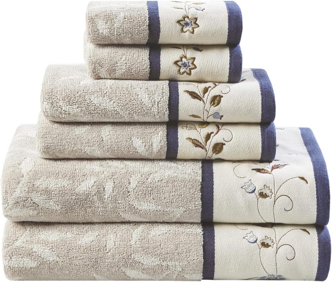 Madison Park Serene 100% Cotton Bath Towel Set Luxurious Floral Decorative Towels for Bathroom Embroidered Cotton Jacquard Design Soft Highly Absorbent for Shower 600 GSM, Multi-Sizes, Navy 6 Piece