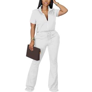 HBQ Women 2 Piece Outfits Sweatsuit Set Casual Lapel Zip Up Jacket Wide Leg Pant Lounge Set Tracksuit (Medium, White)