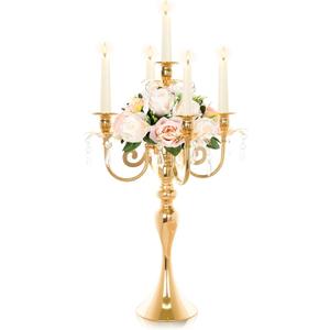 20.3'' Tall 5 Arm Gold Candelabra Centerpiece for Table, Metal &Crysyal Candle Holder, Retro Candelabra/Candlestick Table Centerpieces for Party, Events, Home, Wedding Decor (1pc, Gold)