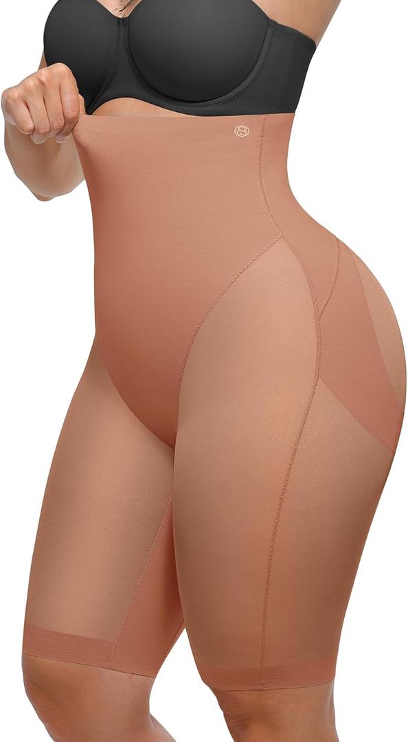SHAPELLX Butt Lifting Shapewear for Women Tummy Control Body Shaper Faja Shorts High Waisted Girdle Mesh Compression Panties (Large, A3-brown-above-knee Shorts)