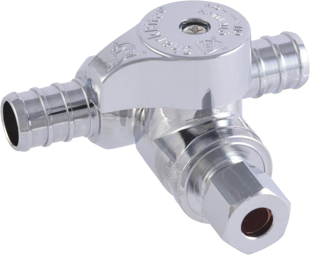 SharkBite 1/2 x 1/2 x 1/4 Inch OD Compression Crimp Tee Stop, Quarter Turn, Brass Plumbing Fitting, PEX Pipe, PE-RT, UC24983Z