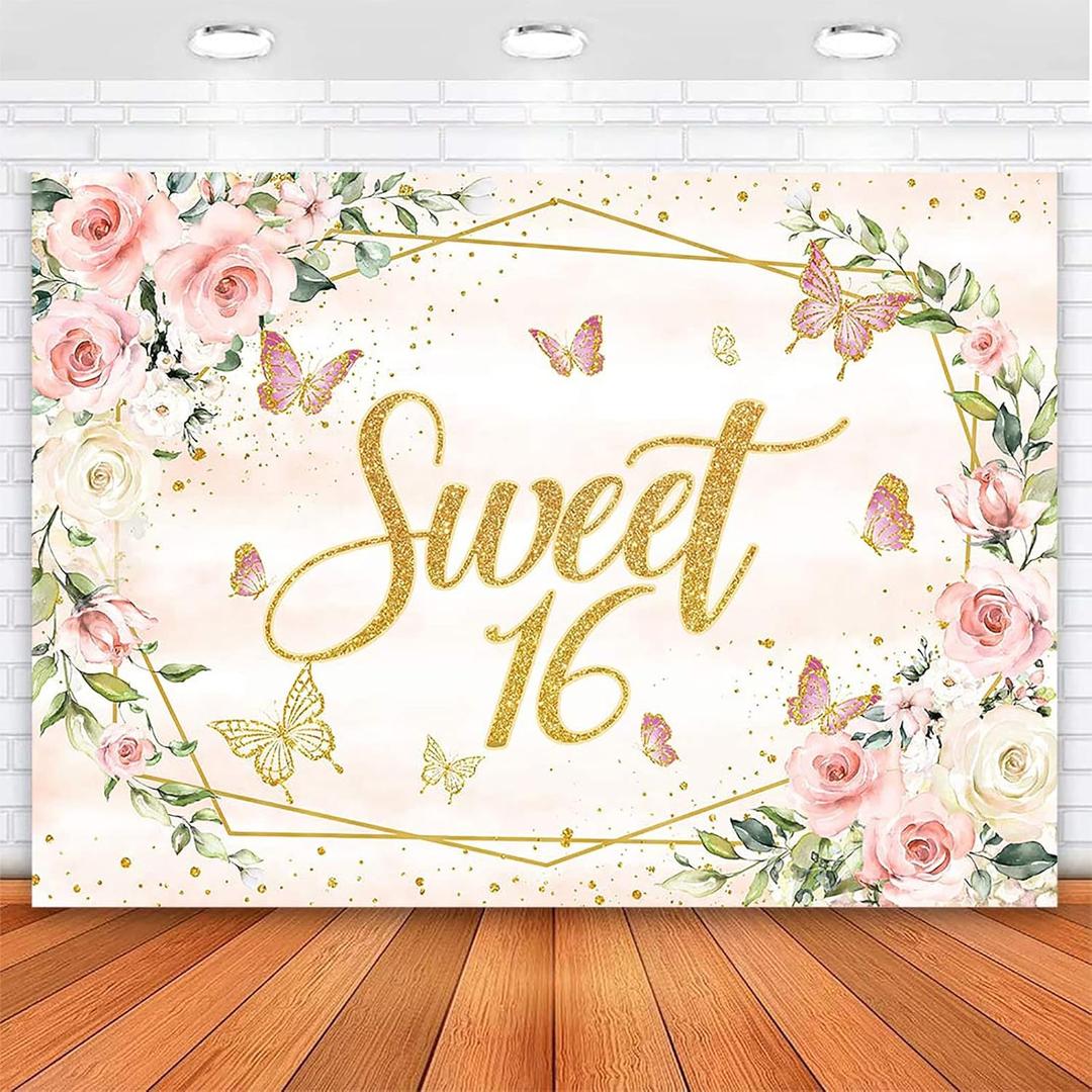 Avezano Sweet 16 Backdrop Blush Pink Flower Butterfly 16th Birthday Party Background for Girls Sweet 16 Birthday Banner Cake Table Cake Dessert Table Decorations (Pink, 7x5 ft)