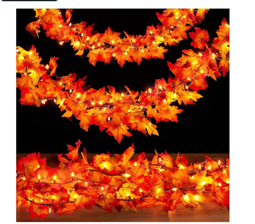 Thanksgiving Decorations for Home 9FT Plug in Thanksgiving Garland with Lights 50 Bulbs Maple Leaves Light, Connectable Fall Lights for Indoor Outdoor Harvest Thanksgivings Home Party Decorations