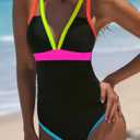 popvil Women's One Piece 2025 Tummy Control Swimsuits Neon Color Block Swimwear Deep V Neck Slimming Bathing Suit (Black, XL)