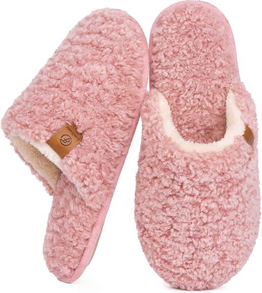 EverFoams Women's Fuzzy Slip-on Slippers Warm Cozy Soft Lightweight Memory Foam Indoor House Shoes
 (9-10, Pink)