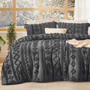 Bedsure Tufted Boho Comforter Set Queen Size - Dark Grey Boho Bed Set, GentleSoft™ 3 Pieces Farmhouse-Style Embroidery Bedding, Gifts for Woman, Soft Jacquard Queen Comforter for All Seasons