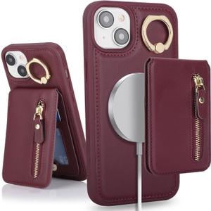 for iPhone 15 Phone case with Card Holder with Compatible magsafe Magnetic, Key Chain PU Leather Flip Kickstand Detachable 2-in-1 Wallet case for Apple15 Women Men-Red Wine