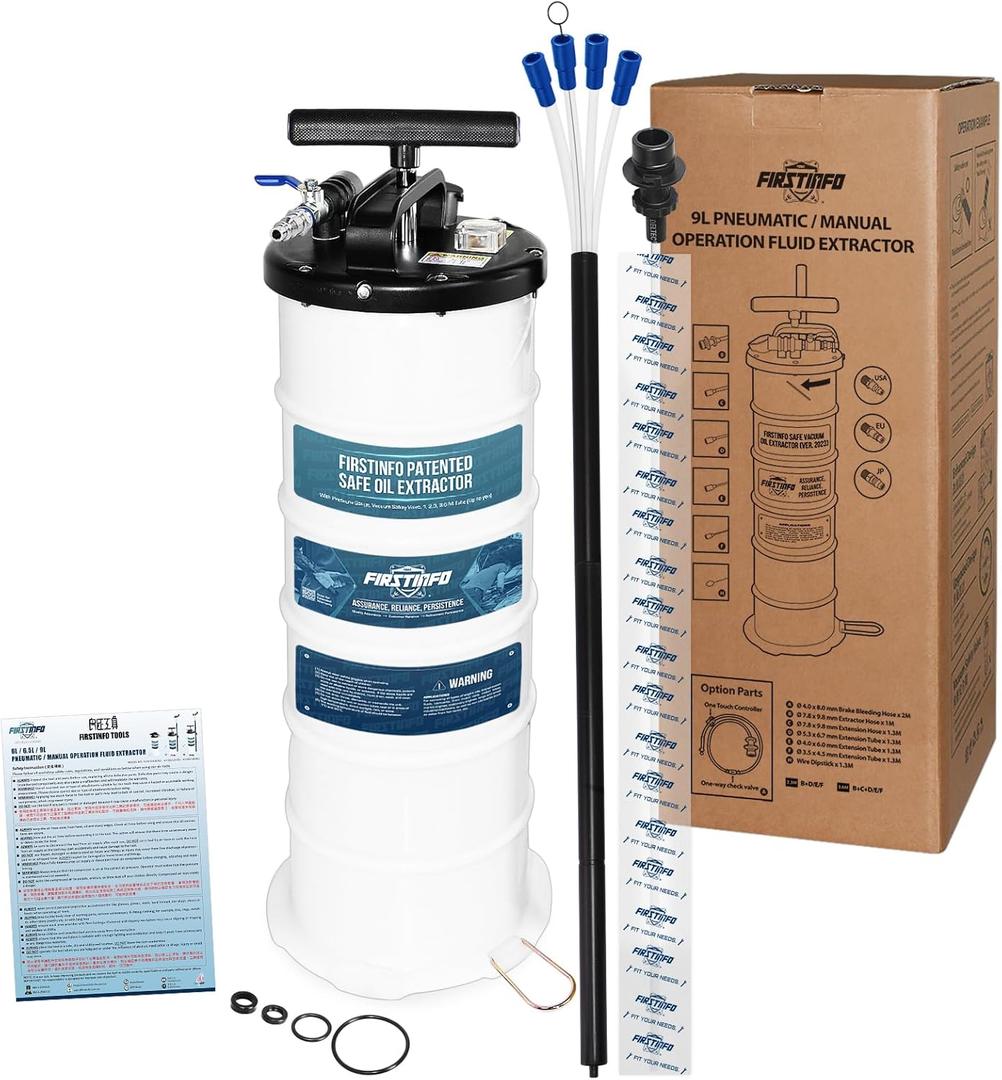 FIRSTINFO A1108USY5 Patented Third Generation 9L / 2.3 Gallon Taiwan Pneumatic/Manual Oil Vacuum Extractor | Safety Pressure Gauge | 51 Inch Tube | 11.8 feet Tubes Length | Thinnest Tube