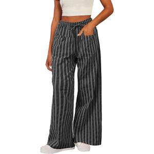 Acelitt Women Casual Drawstring Elastic Waist Loose Wide Leg Striped Pants with Pockets, S-XXL (Black)