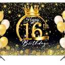 9x6ft Happy 16th Birthday Party Decoration Black Gold Sign Sixteen Birthday Poster for Anniversary Photo Booth Backdrop Background Banner BJDWAT0415