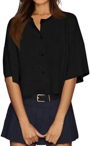 Cicy Bell Womens Half Sleeve Cardigan Sweaters Cropped Button Down Tops Oversized Lightweight Ribbed Knit Summer Outfits L, Black