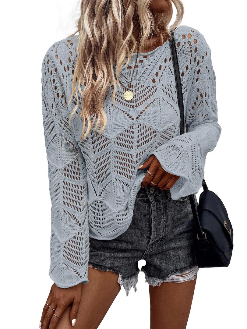 Allimy Womens Fashion Long Sleeve Hollow Out Crochet Crewneck Pointelle Knitted Top Blouses Pullovers Light Grey XXL (Gray, XXL)