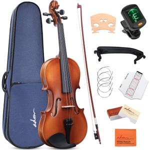 ADM 4/4 Full Size Wood Violin Set for Kids Teens Students Adults Beginner Acoustic Violin Matte Fiddle Starter Kit with Hard Case, Rosin, Shoulder Rest, Bow, Clip-on Tuner and Fingerboard Sticker (Matte-Brown)