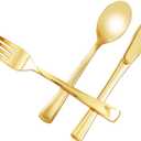 N9R 100PCS Gold Plastic Silverware - Gold Plastic Cutlery Set Disposable Flatware Dinnerware -50 Forks, 25 Spoons, 25 Knives for Party, Birthday, Wedding