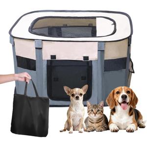 Dog Playpen Portable Cat Dog Playpen for Indoor & Outdoor Foldable Kennel Tent Crate,Water-Resistant Breathable Shade Cover, Dog Crate for Small Animals with Carrying Case (S(29" x 22" x 16"), Grey)