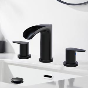 Black Sink Bathroom Faucet 3 Holes - Waterfall Design with 2 Handles Widespread Matte Black Vanity Faucet for Bathroom Sink & RV with Pop Up Drain & Supply Lines