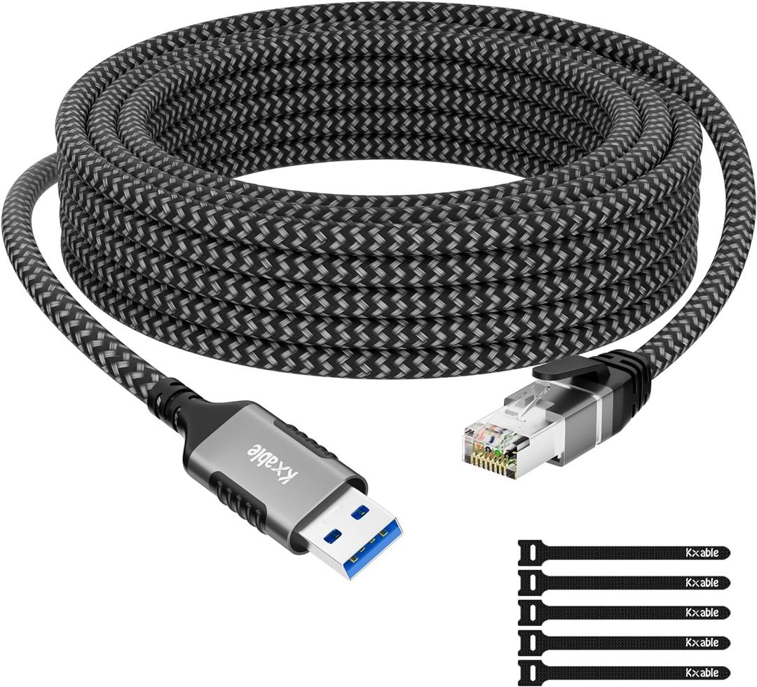 USB to Ethernet Cable 10 FT, USB 3.0 A Male to RJ45 Male Cord, Directly Connected, Aluminum Portable Gigabit LAN Network Cable for Laptop, PC, Switch, More, Braided with 5 Pcs Ties