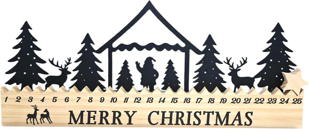 Black Metal Santa Claus & Nativity Scene Advent Calendar 2025 with Five Pointed Star Rotation Wooden Base for Interactive Christmas Countdown, Christmas Decorations Indoor to Welcome Celebrate (Nativity)