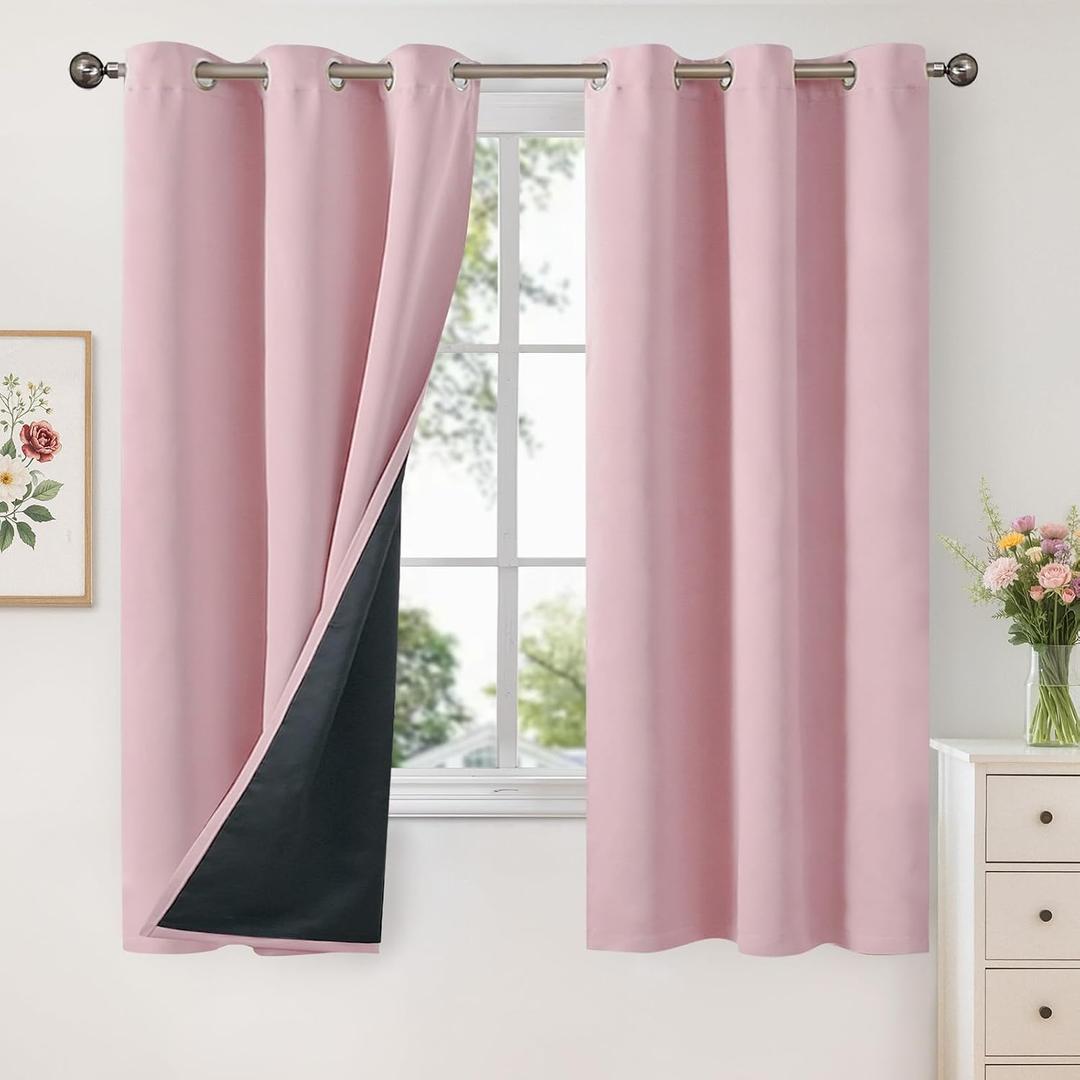 YoungsTex Light Pink 100% Blackout Curtains 63 Inch Length for Kids Bedroom, Thermal Insulated Black Out Drapes with Grommet Double Layer for Winter Living Room Window, 2 Panels, 42 X 63 Inch