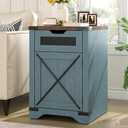 Farmhouse End Table with Charging Station, 26.4" Tall Rustic Nightstand with Drawer and X Barn Door, Country Bedside Sofa Side Table for Living Room, Blue (1 PCS)