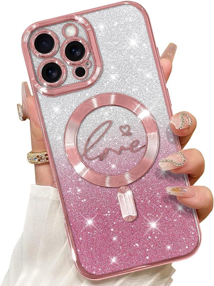 ZIYE Magnetic Case for iPhone 16 Pro Max 6.9" [Compatible with MagSafe] Glitter Bling Luxury Hearts Design Cover for Women Girly, Soft TPU Shockproof Protective Case for 16 ProMax 5G 2024, Pink