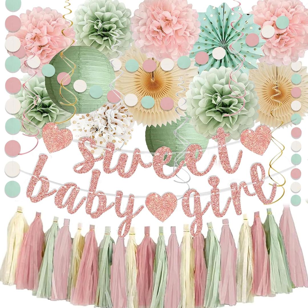 Sage Green and Blush Pink Baby Shower Decorations - Sweet Baby Girl Banner, Olive Green Lanterns, Streamers, Tissue Pom Poms, Paper Fans, Pink Beige Boho Paper Tassel, Rustic Backdrop Decor