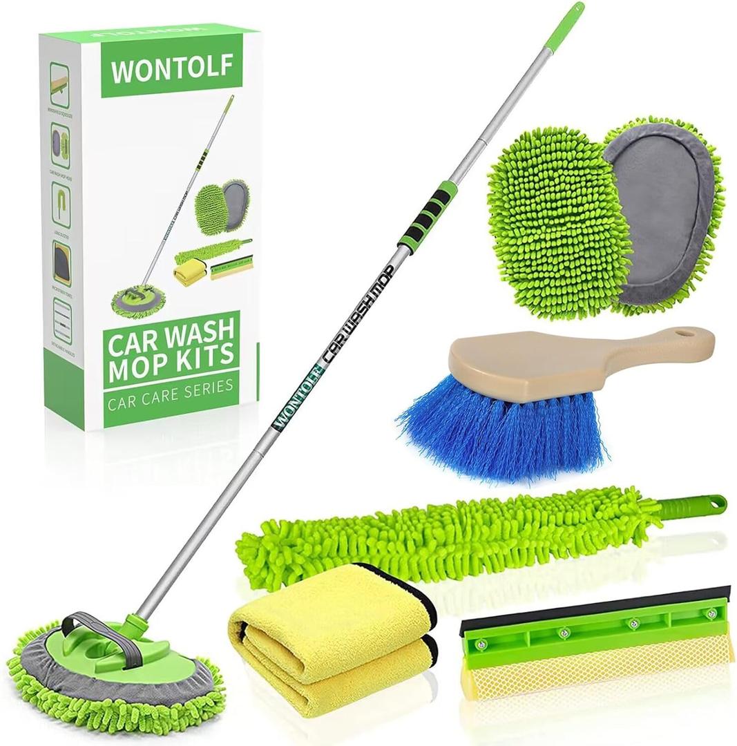 Wontolf 62'' Car Wash Brush with Long Handle Chenille Microfiber Car Wash Mop Mitt Kit Car Detailing Brush Cleaning Kit Window Squeegee Car Duster Drying Towels Tire Brush for Cars RV Truck Boat (Green)