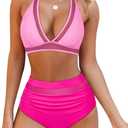 OMKAGI Women Mesh High Waisted Bikini Set Sexy V Neck Tummy Control Swimsuit Bathing Suit (Small, 50-1-rose Pink)