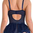 Foxiny Sexy Stocking Underwire Push Up Rhinestones Heart Floral Lace Mesh Sheer Garter Bodysuit Skirt Lingerie Set 3 Piece (Blue, M)