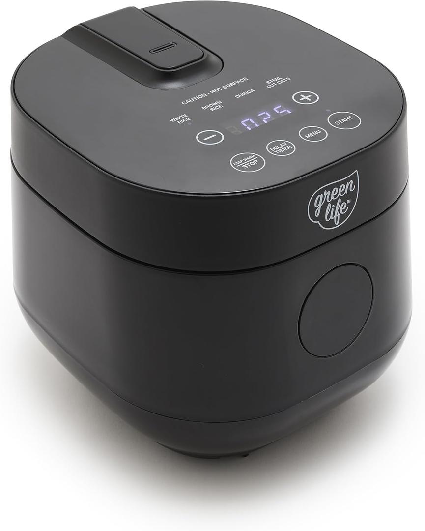 GreenLife Digital Rice Cooker, 2 Cups Uncooked/4 Cooked Rice, PFAS & PFOA-Free Removable Ceramic Dishwasher Safe Pot, Healthy Cooking, Auto Presets & Keep Warm, Touchscreen, Paddle Included, Black