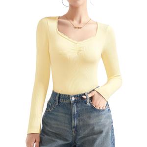 SUUKSESS Women Sweetheart V Neck Long Sleeve Tops Lace Trim Ribbed Modal Fall Going Out Shirts (Yellow, S)