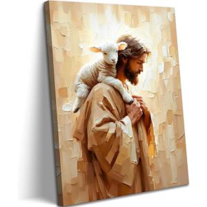 Jesus and Lamb Canvas Wall Art Jesus Saves the lost lamb Wall Decor Pictures Christian Lamb of God Painting Posters Prints for Dining Living Room Kitchen Wall Bedroom Decoration (16L" x 24W")