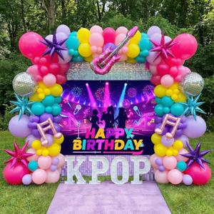 K-Pop Music themed Birthday Decorations & with Pink Purple Teal Yellow Balloon Garland Arch & Guitar Notes Star Disco foil Balloons & Backdrop for Girls fans Birthday Grad Prom Party Decorations