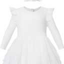 O2 BABY Organic Cotton Baby Girls Tutu Dress Baby's Tulle Dress with Headband Outfit Set (3-6 Months, Long Sleeve Ivory)