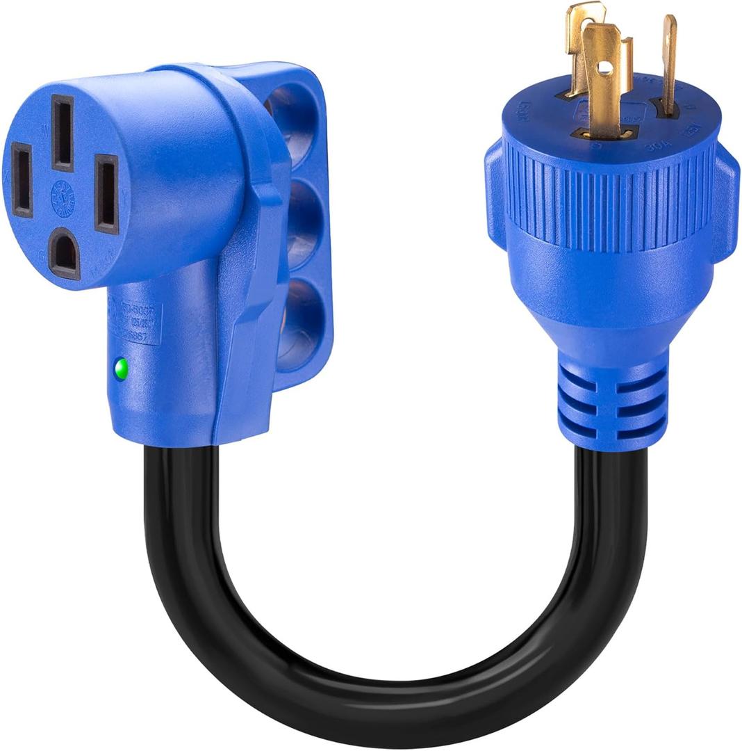 3 Prong 30 Amp to 50 Amp RV Generator Adapter Cord,NEMA L5-30P to 14-50R Electrical Adapter,10/3 Gauge Generator Cord Heavy Duty with LED Power Indicator,12 inch