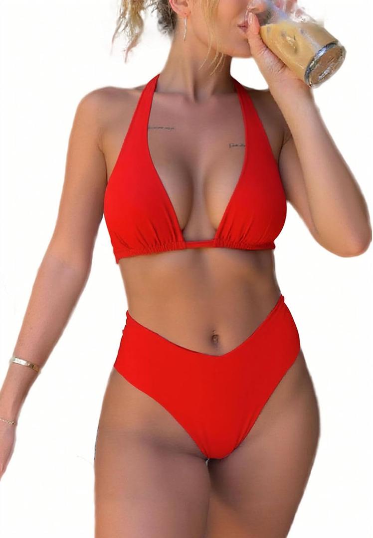 V Cut Bikini Sets for Women Halter Push Up Bikini Top Sexy high Waisted Cheeky Bikini Bottom Swimsuits (Medium, Red)