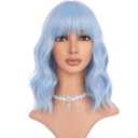 Light Blue Wig Short Bob Wig Short Blue Wigs for Women Curly Wavy Wig with Air Bangs Heat Resistant Synthetic Hair Wigs for Daily Use Cosplay Wig With Wig Cap