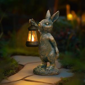 Rabbit Garden Statues with Solar Lantern Bunny Outdoor Resin Sculpture for Patio Yard Lawn Decorations Gifts for Mothers Day Housewarming Easter