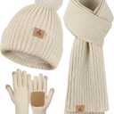 LOROME Women Winter Beanie Hat Scarf Gloves Set, Fleece Knitted Pompom Hat Warm Neck Scarf Touchscreen Gloves Winter Gift (Oatmeal)
