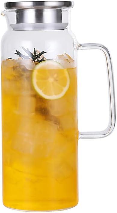 Heat Resistant Glass Pitcher with Stainless Steel Lid, Water Carafe with Handle, Good Beverage Pitcher for Homemade Juice and Iced Tea 1.6liter/54oz