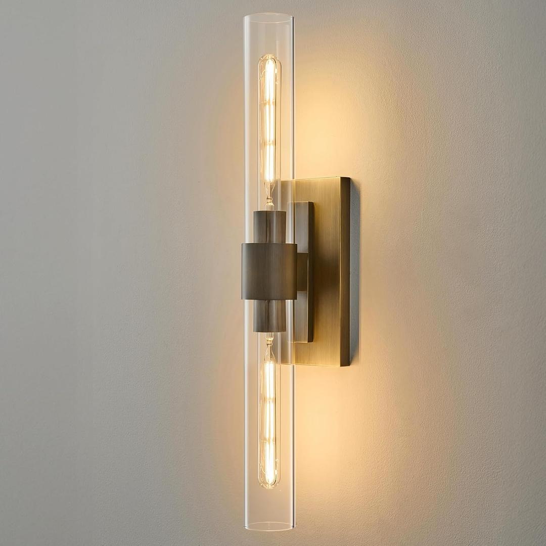 Linear Brass Bathroom Wall Sconce - Luxury Antique Brushed Sconces - Modern Gold Lighting with Clear Glass Tube - Dimmable Vanity Lights Fixture for Bedroom Living Room Hallway Indoor Decor