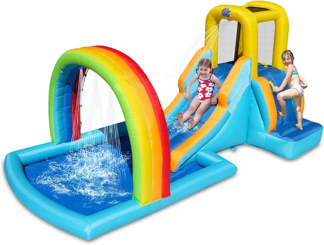 Action Air Inflatable Water Slide, Bounce House with Slide for Wet and Dry, Kids Backyard Waterpark for Summer Fun, Rainbow Splash Pool for Age 3-8, Love for Kids, 157x79x71 inches